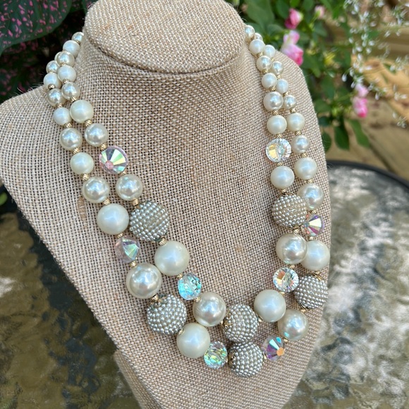 Vendome Vintage Faux Pearl & AB Crystal Necklace and Matching Cluster Clip Ons - Picture 11 of 16